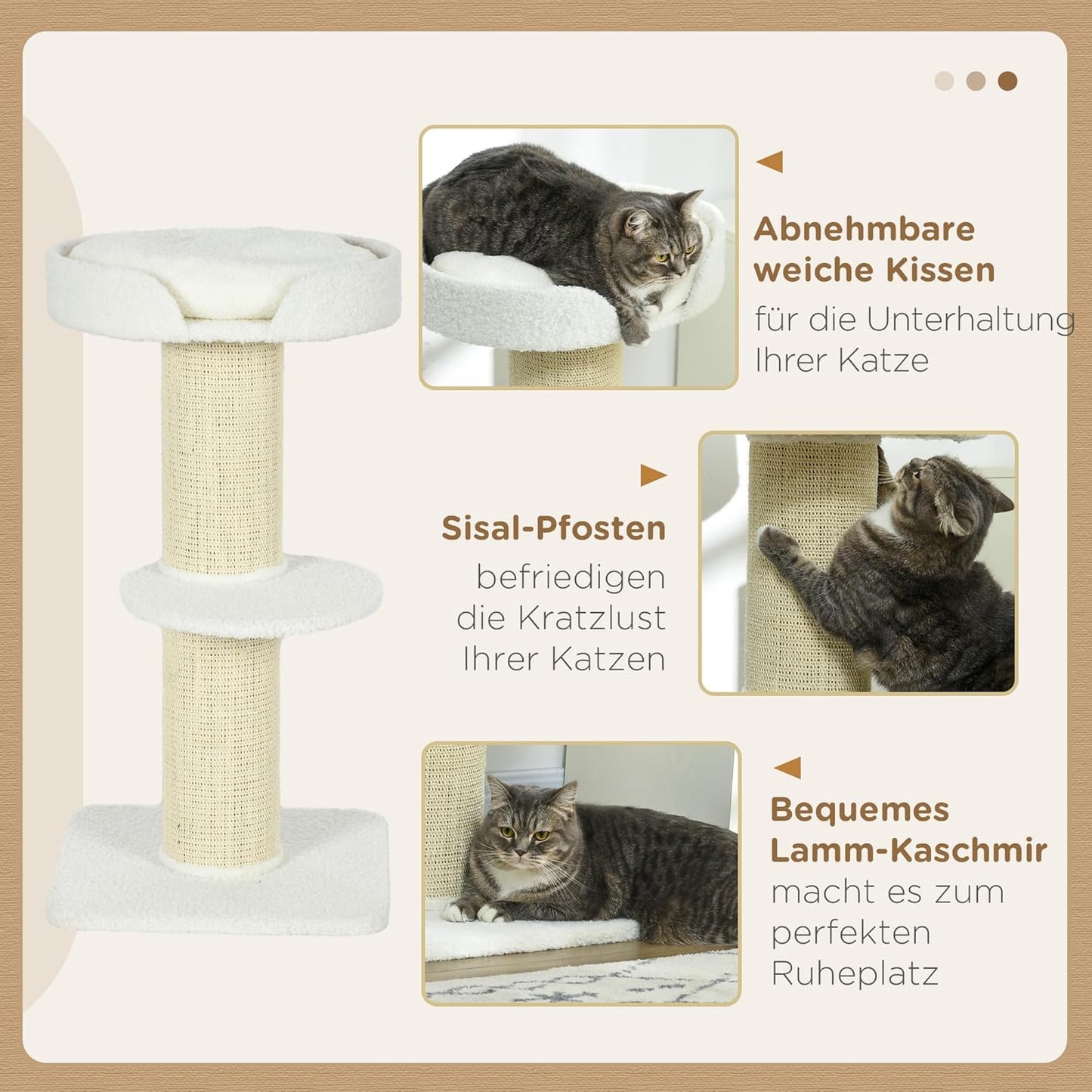 Mehrstöckiger Katzenturm mit Sisalstämmen und Kissen, Cremeweiss