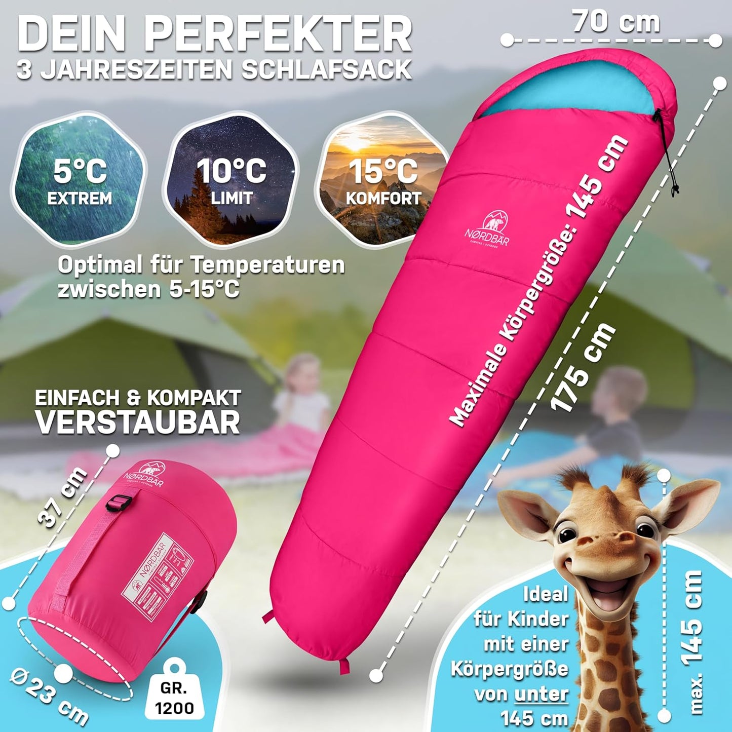 Kinderschlafsack Mumienschlafsack bis 145 cm, Rosa/Eisblau