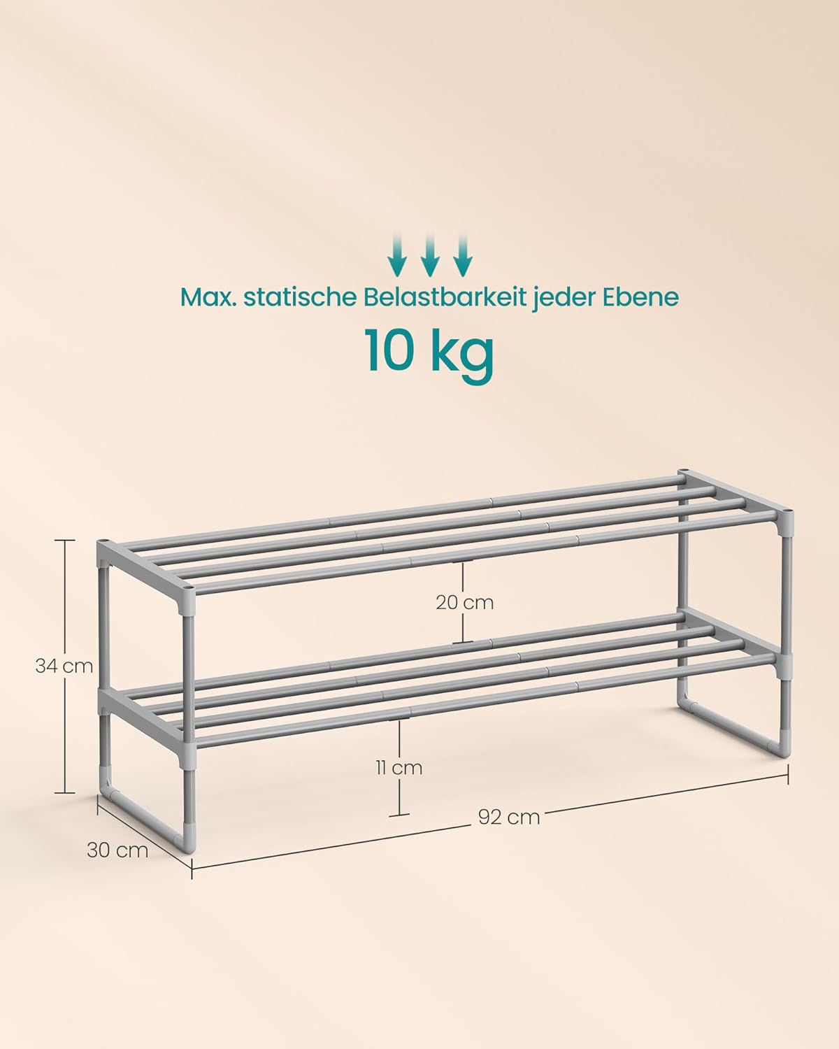 2 Ebenen Schuhregal, LSA012G01, erweiterbar, 2 Ebenen (92B cm) Grau