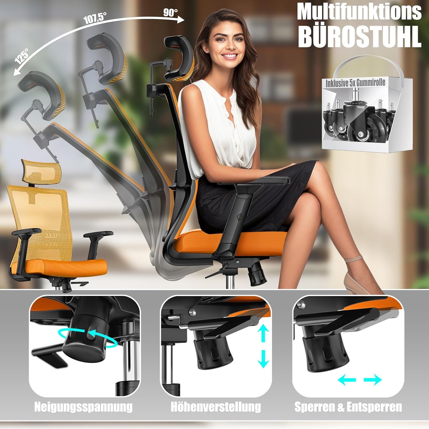 Ergonomischer Bürostuhl mit Wippfunktion und Lendenstütze, Orange / Schwarz