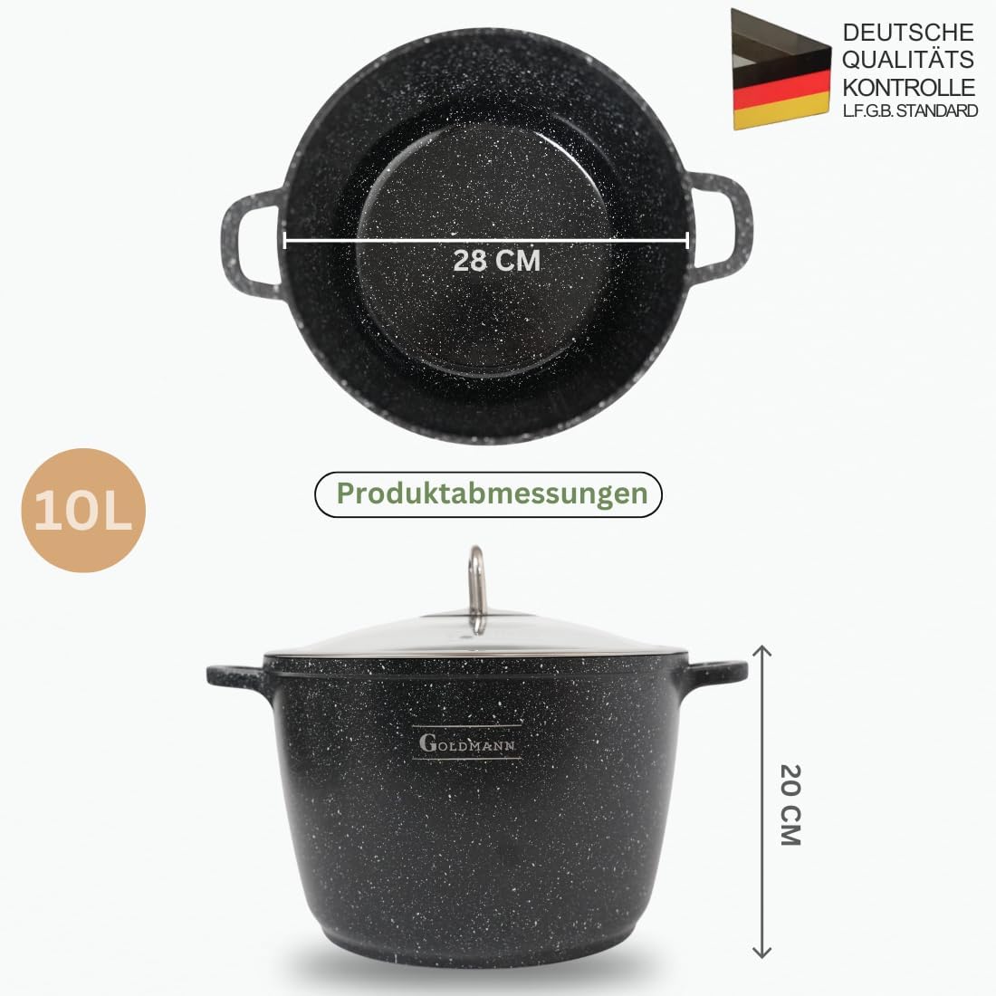 Suppentopf mit Glasdeckel, Schwarz 10L - Ø 28 CM