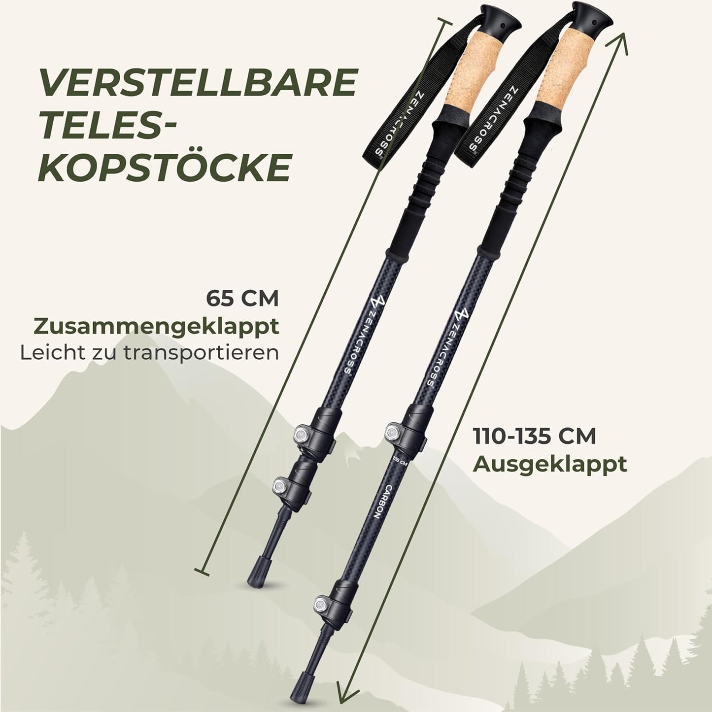 Teleskopische Wanderstöcke mit Korkgriff, Carbon