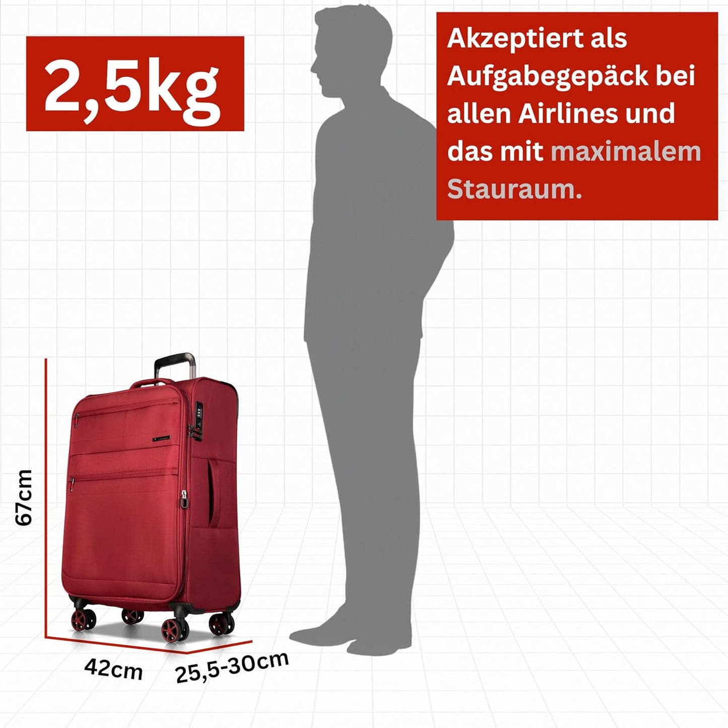 Weichschalenkoffer mit Dehnfalte und 4 Rollen, L Rot