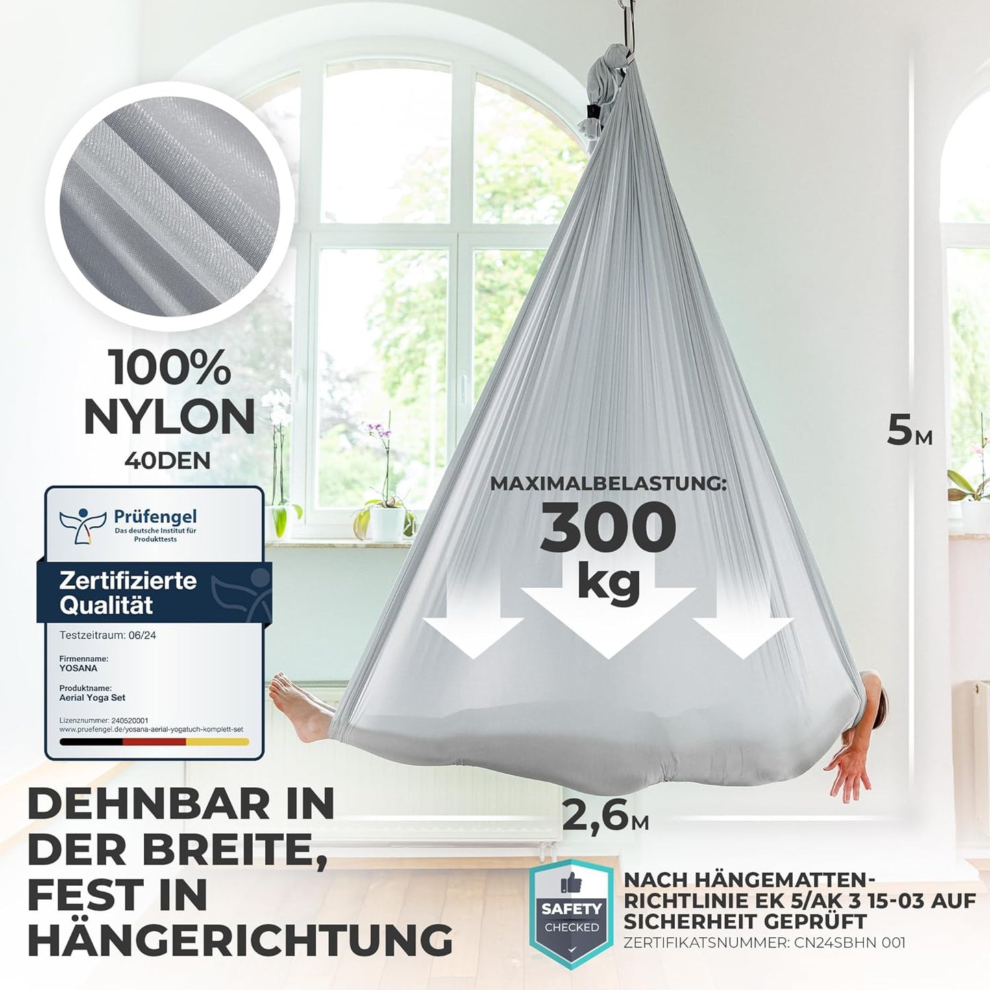 Yogatuch für Aerial Yoga, Silbergrau (1 Set) Einheitsgrösse