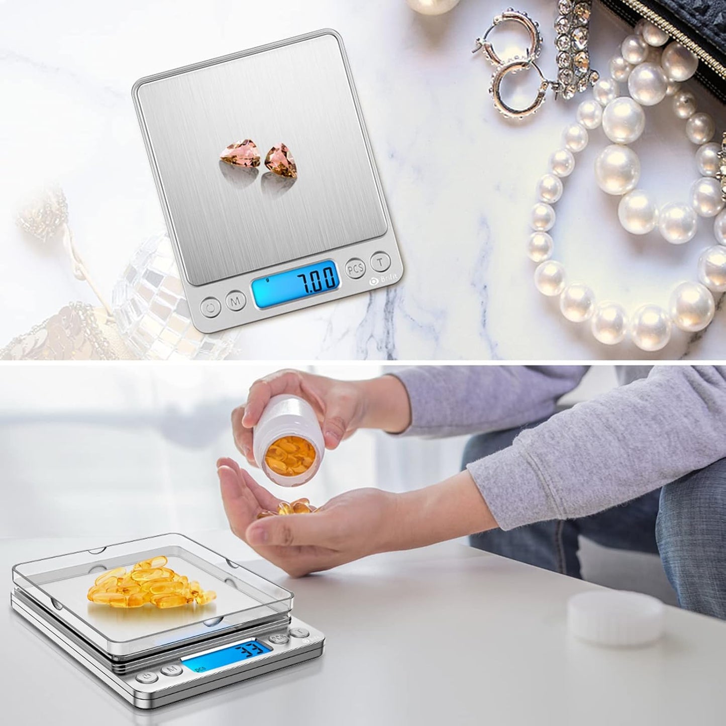Digitale Feinwaage mit Kalibriergewicht, Silber