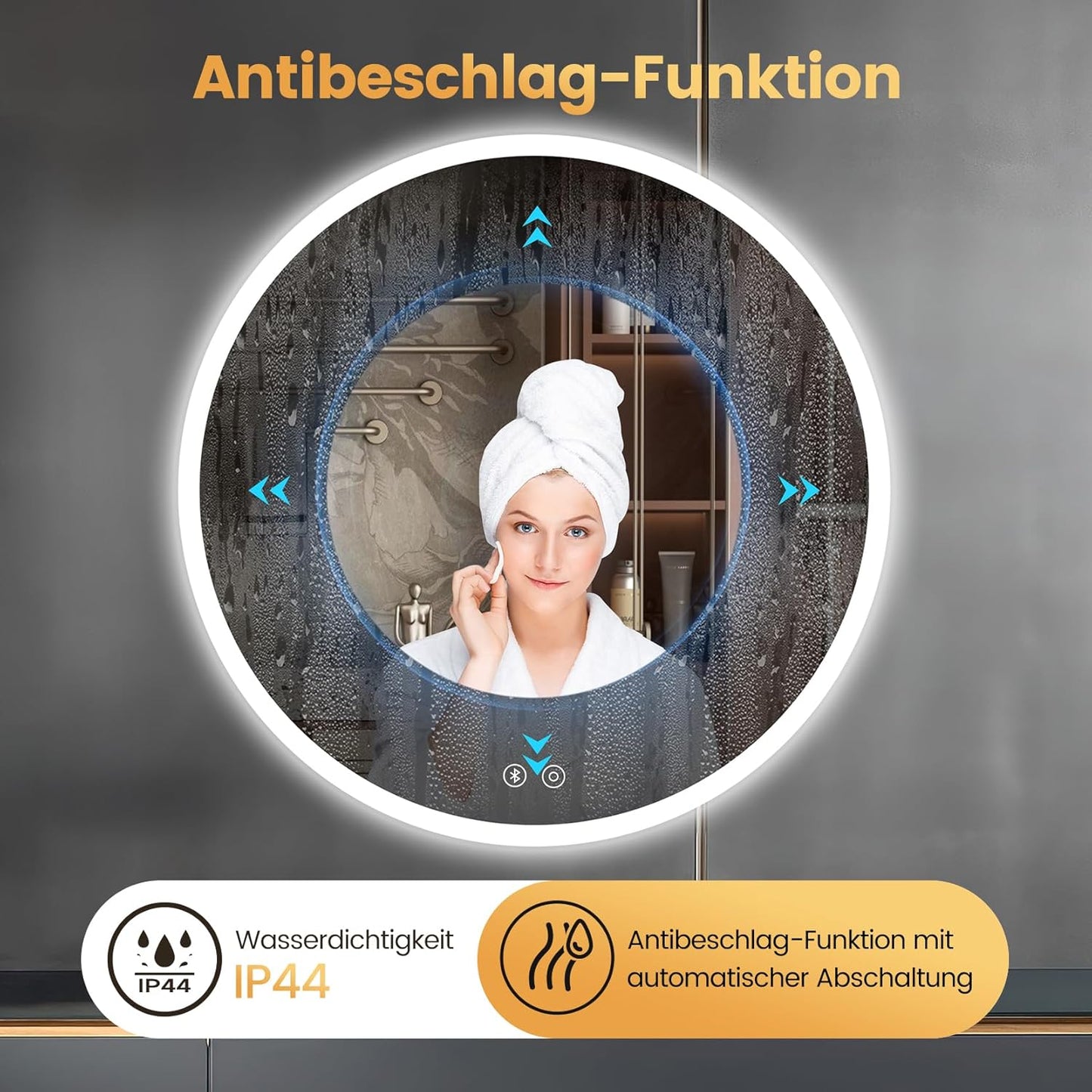 Runder LED-Badspiegel mit Bluetooth und Touchschalter, Bluetooth+ Beschlagfrei+ 3 Lichtfarbe+ Dimmbar 70L x 70B cm