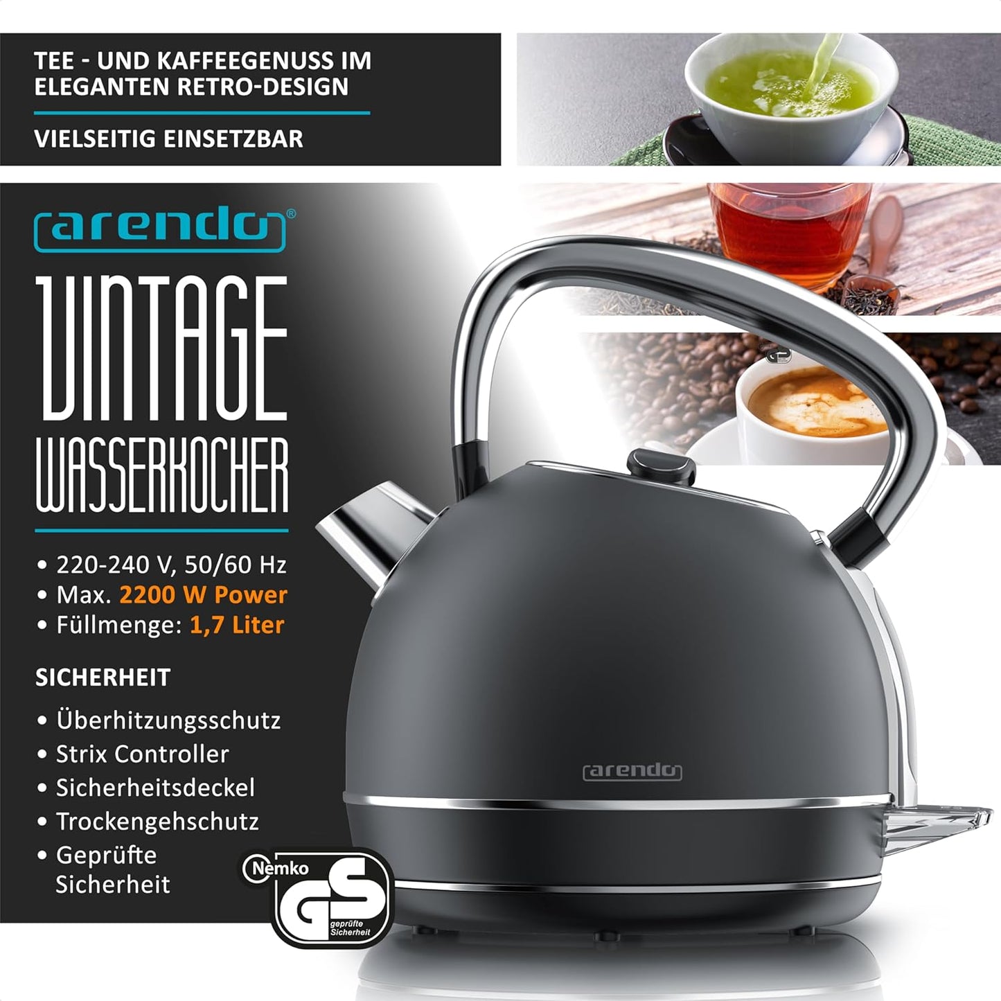 Vintage Wasserkocher mit Temperatureinstellung, B: Cool Grey