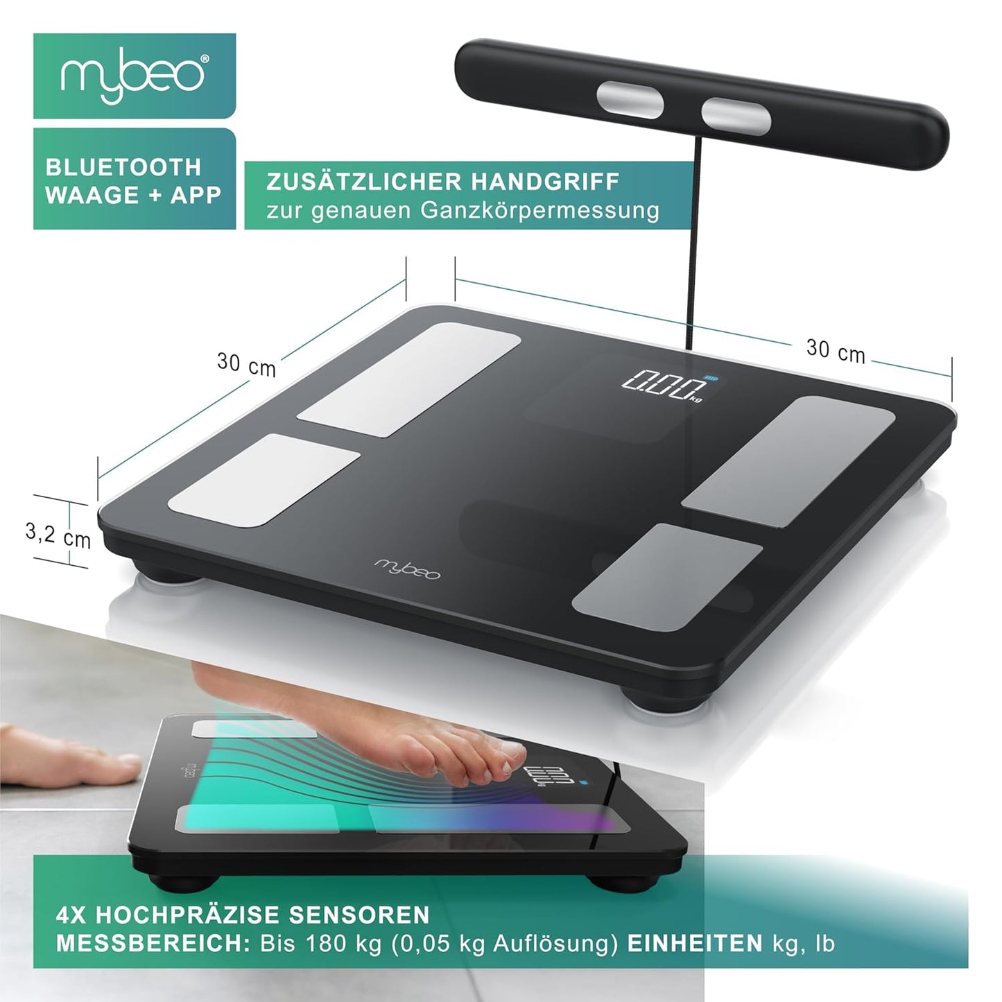 Körperfettwaage mit Handsensoren & App-Unterstützung