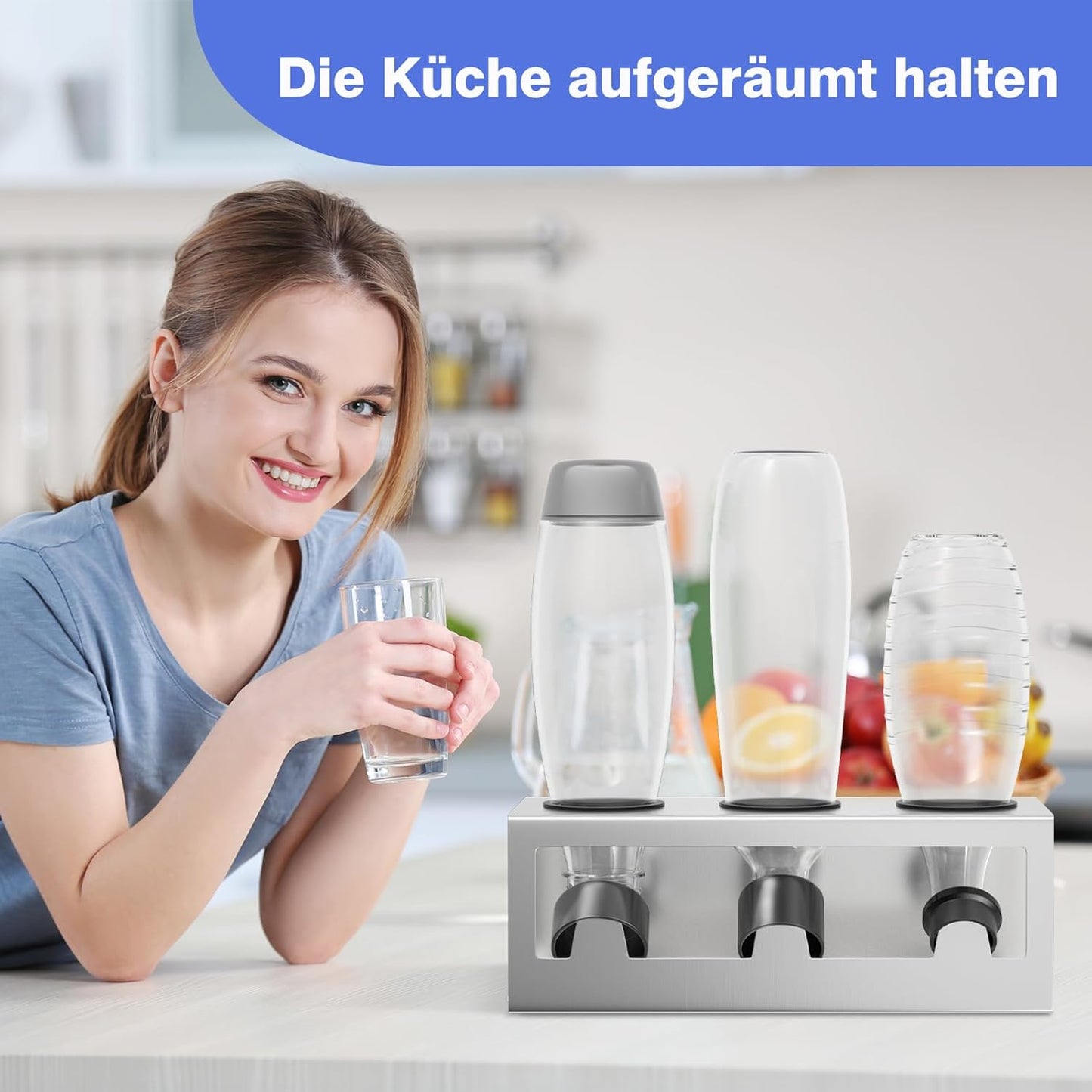 Flaschenhalter Abtropfgestell für SodaStream & Emil Flaschen, Silber 3-Loch