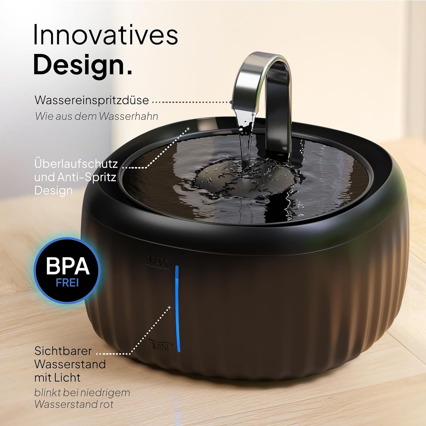 Aqua Flow Trinkbrunnen mit LED und Filter, Schwarz