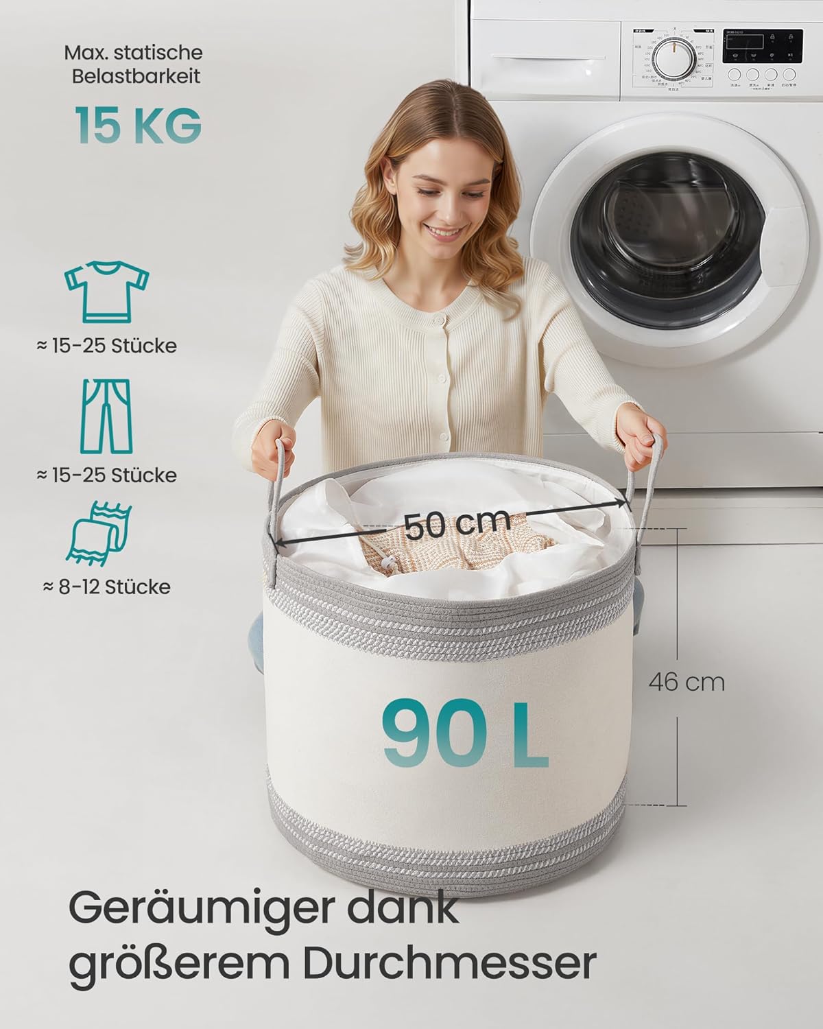 Wäschesammler aus Baumwollseil, Wolkenweiss + Taubengrau 90 L