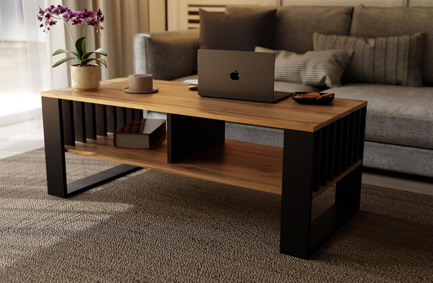 Moderner Couchtisch mit Stauraum und Lamellenelementen, Ewige Eiche