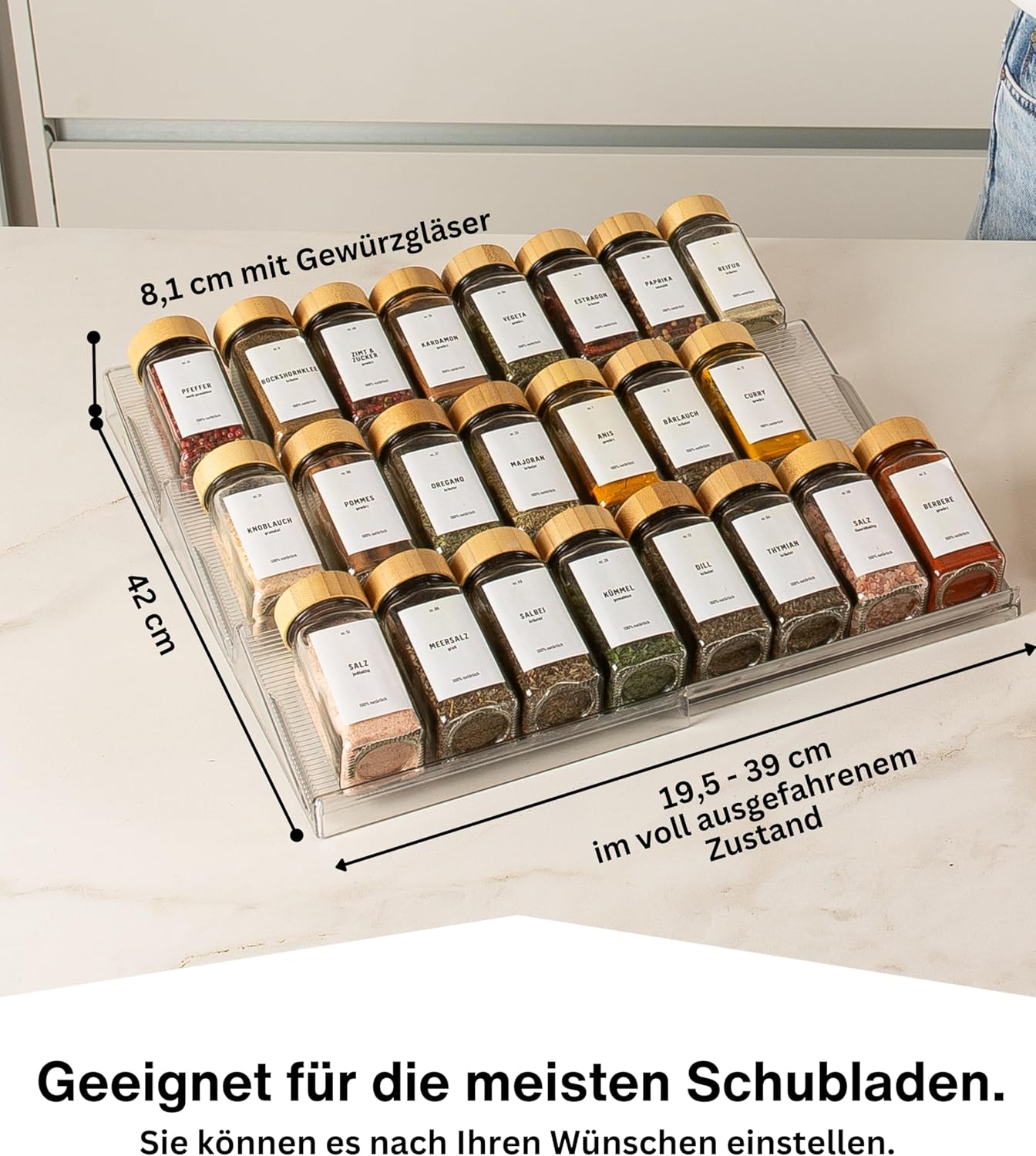 Gewürzgläser-Set mit Schubladeneinsatz, 24 Stk, ausziehbar, Transparent, Deckel Bambus