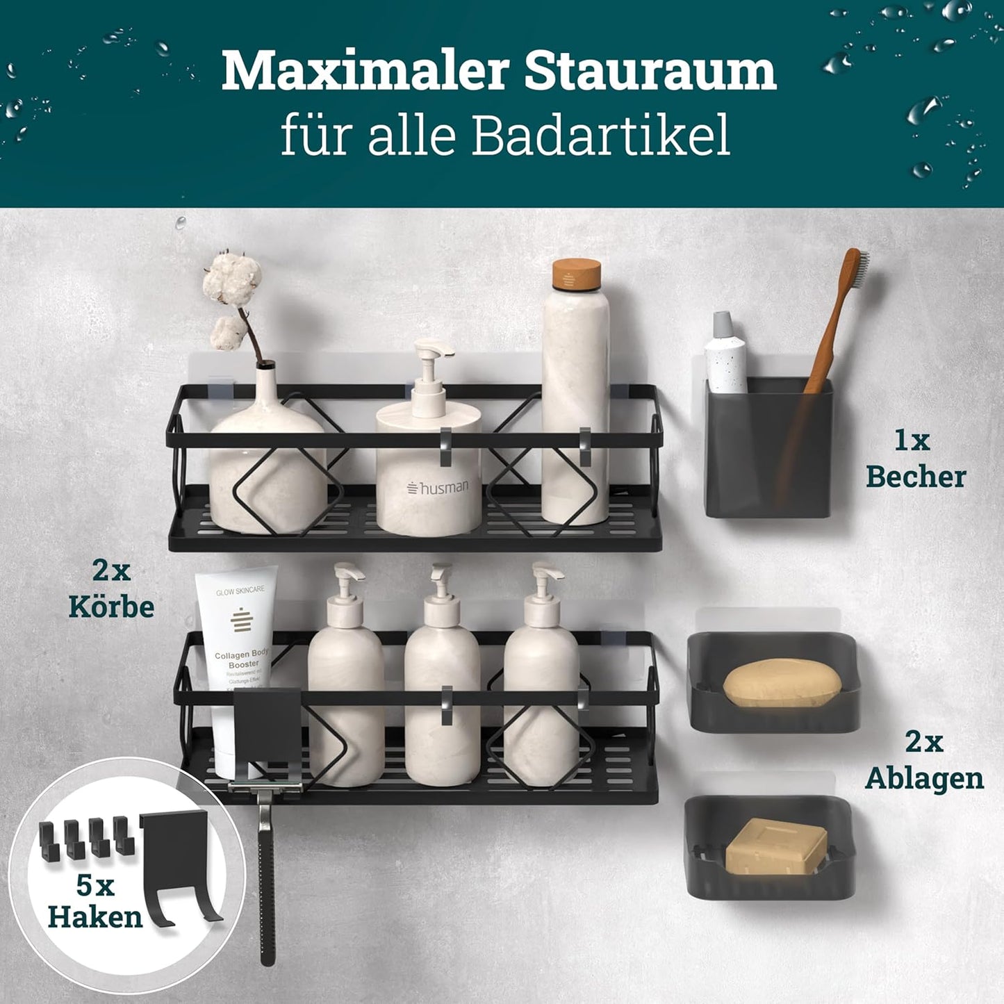 10-teiliges Duschablage-Set ohne Bohren, Set | Schwarz