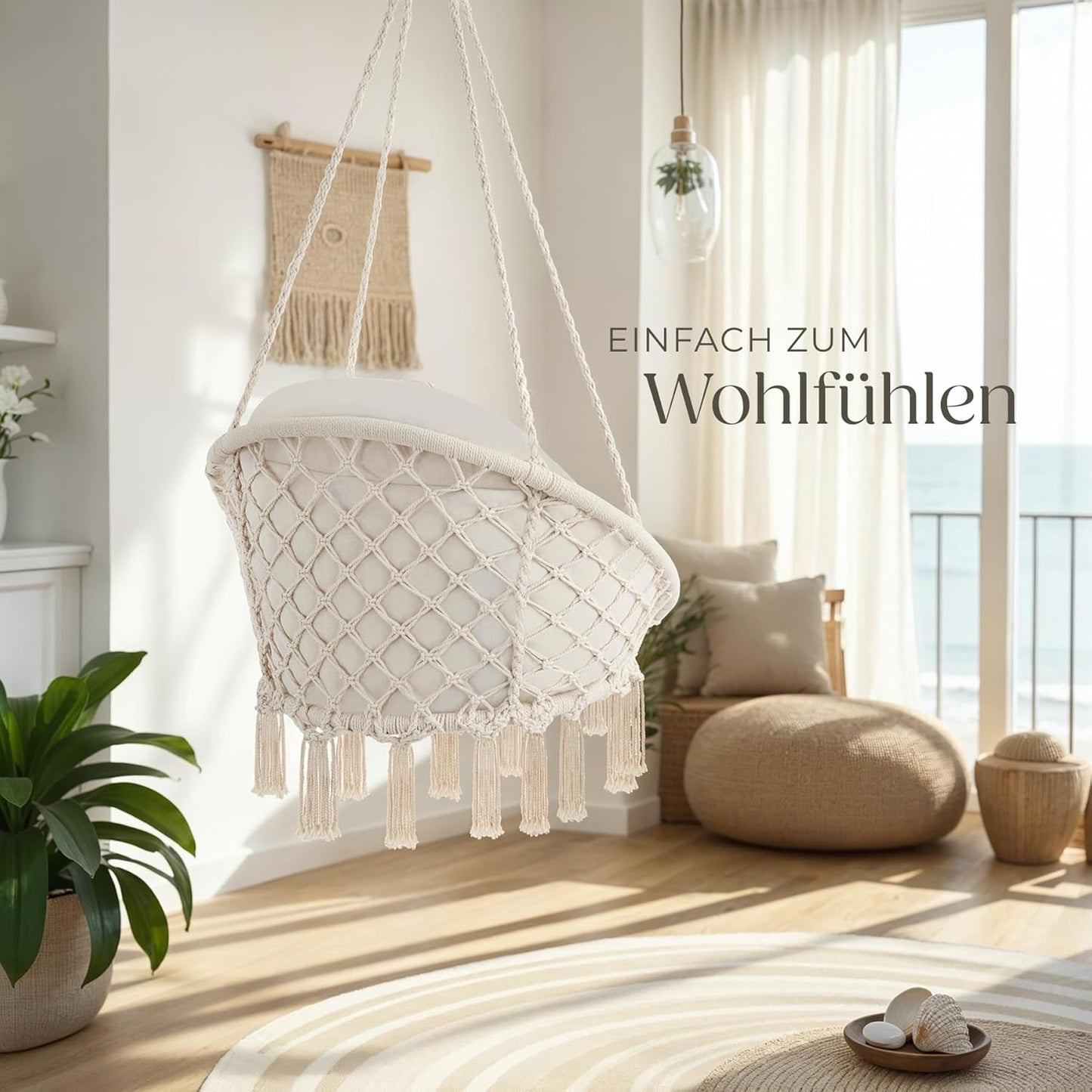 Hängesessel Samira mit Gestell & Kissen, Boho-Stil 80 cm, Beige