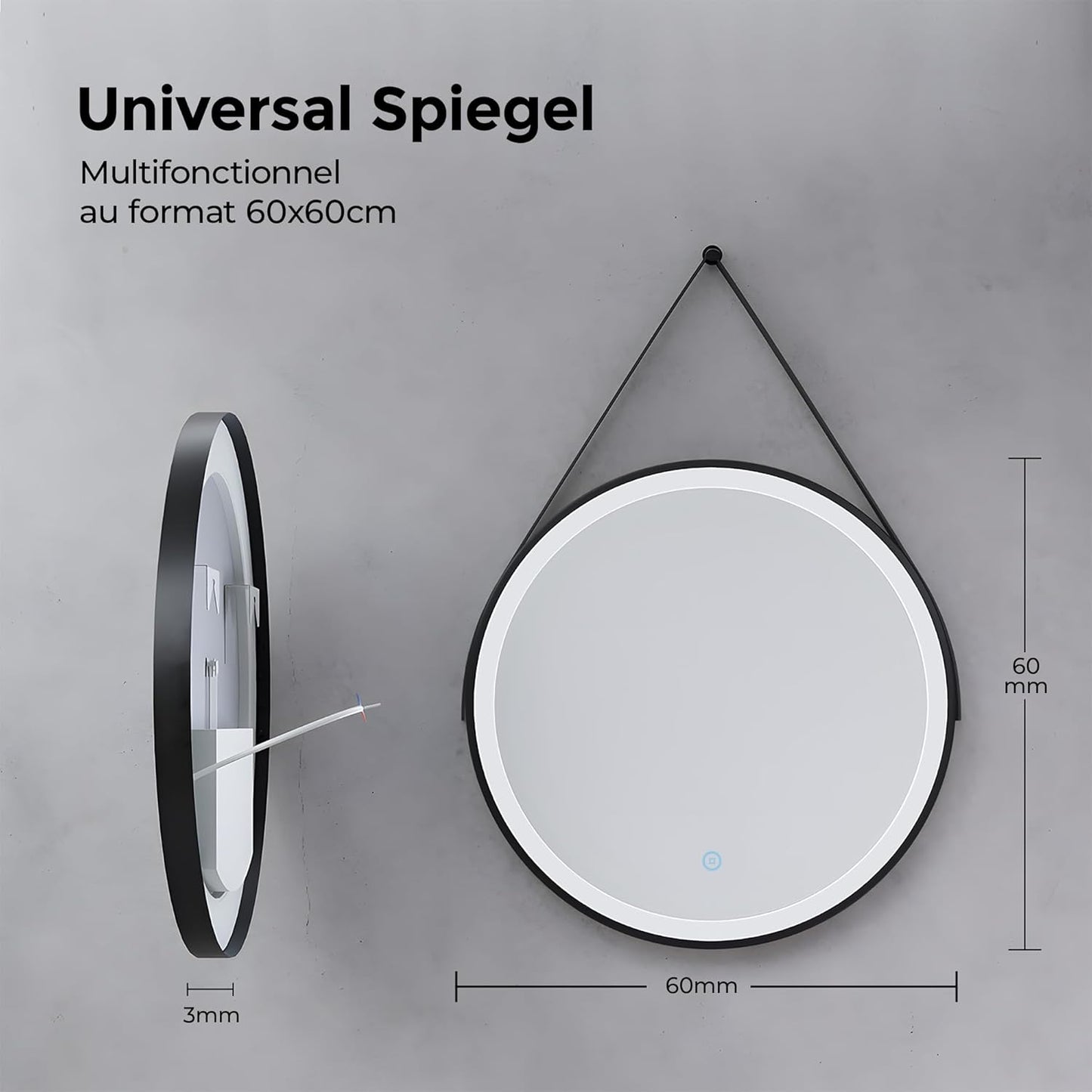 Runder LED Badezimmerspiegel 60cm Dimmbar Touch, 60L x 60B cm, 6500k Kaltweiß Licht