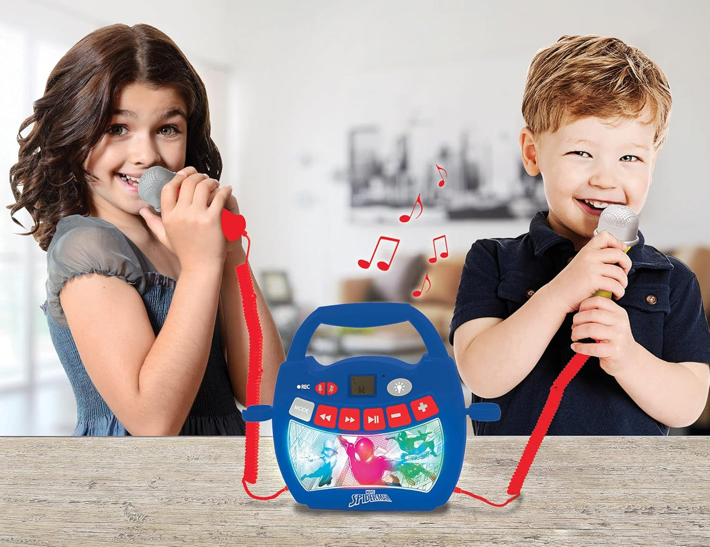 MP320SPZ Spider-Man-Tragbarer digitaler Karaoke-Player für Kinder-Mikrofone, Lichteffekte, Spider-Man