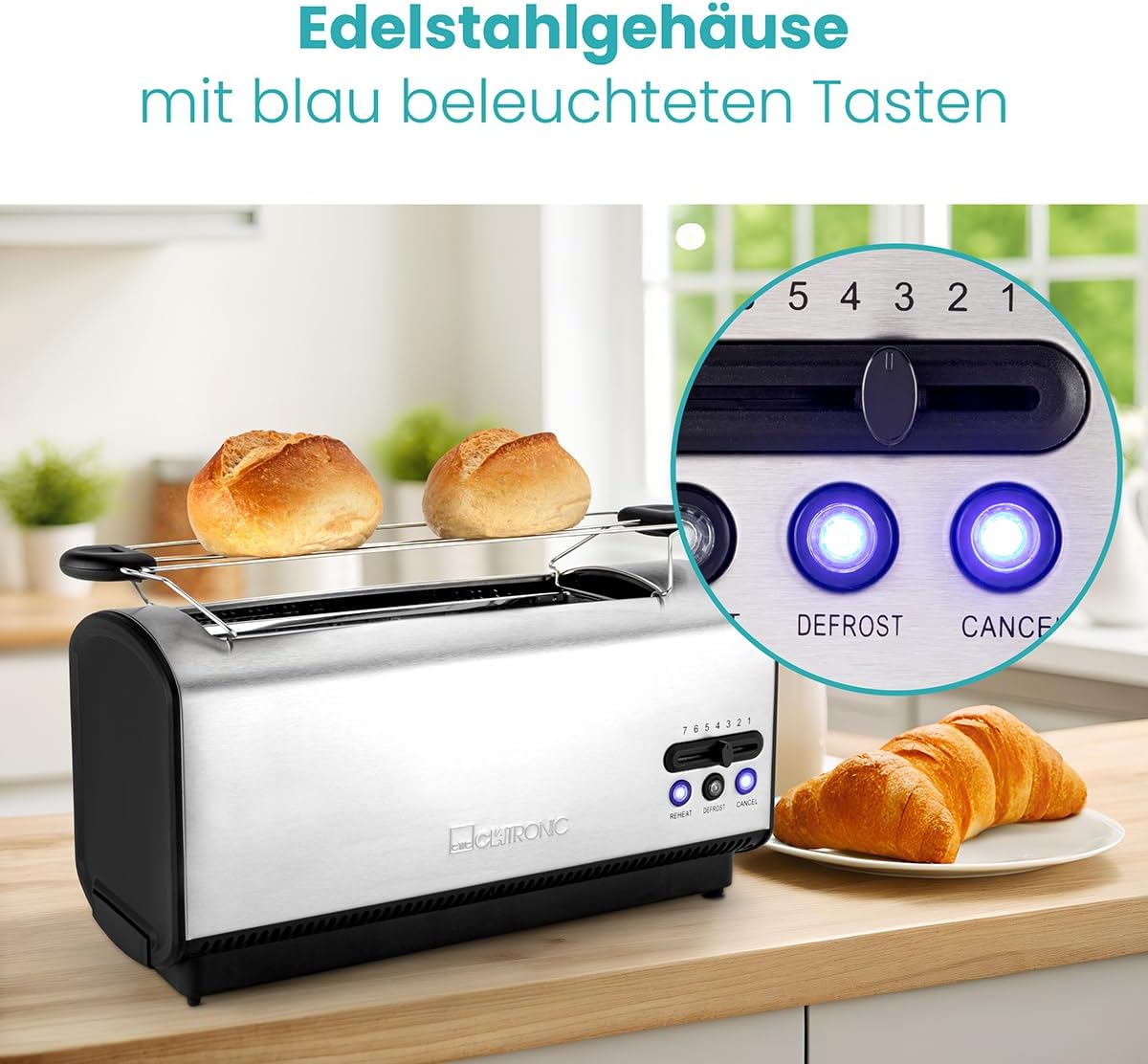 Langschlitztoaster mit Brötchenaufsatz, Silber