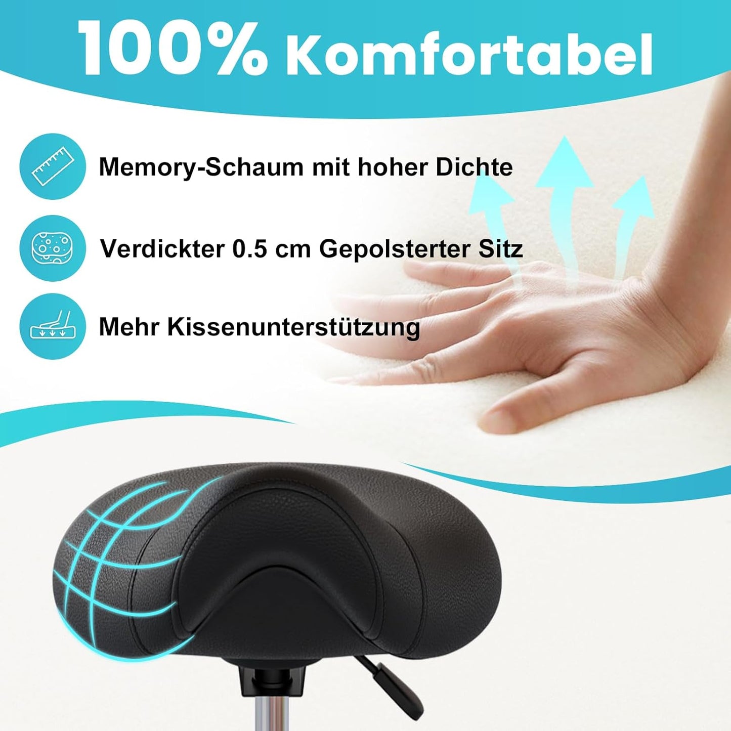 Ergonomischer Sattelhocker mit Rollen und Pedal, Schwarz