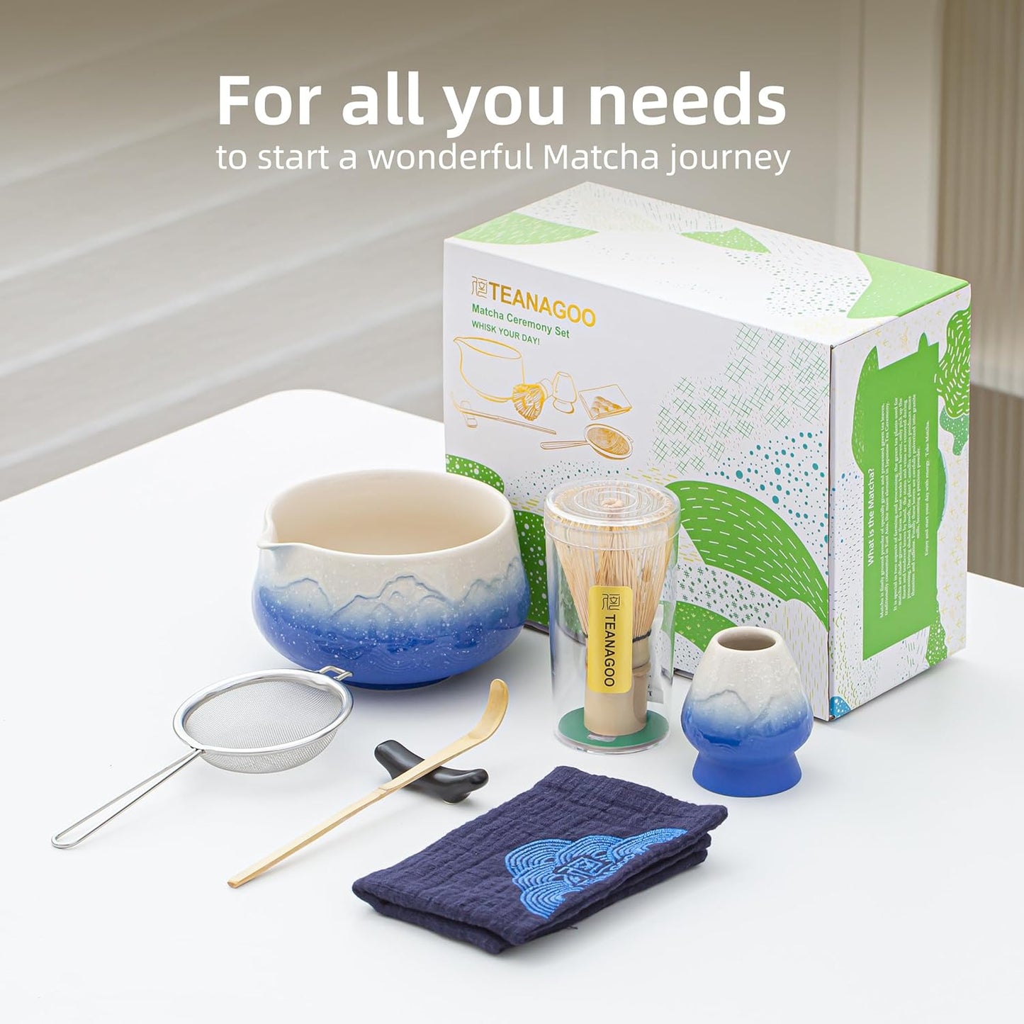 7-teiliges Matcha Tee-Set, 7Stück/Set, Schüssel mit Ausgießer Farbverlauf Blau