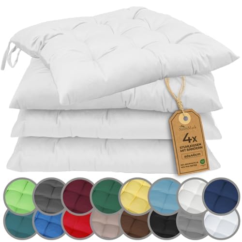 4er Set Stuhlkissen mit Bändern (40x40 cm), 4 Stück (1er Pack) Weiss