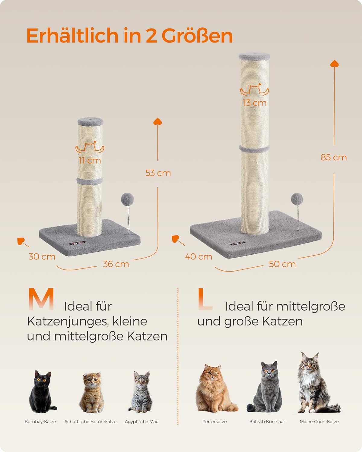Kratzsäule mit Plüschball und Glocke, XL (13 cm Dia.) taubengrau