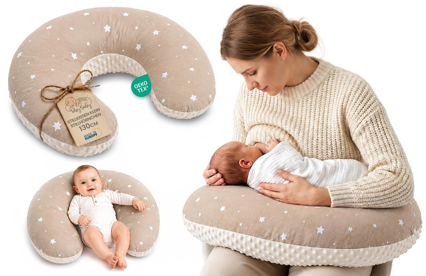 Kleines Stillkissen, 130 cm Beige mit Weiss Sternen