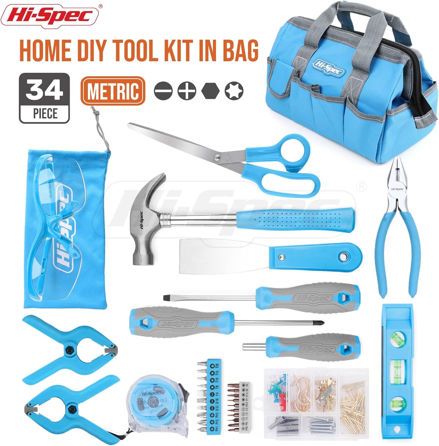 34 teiliges Werkzeug-Set mit Schutzbrille, Hellblau
