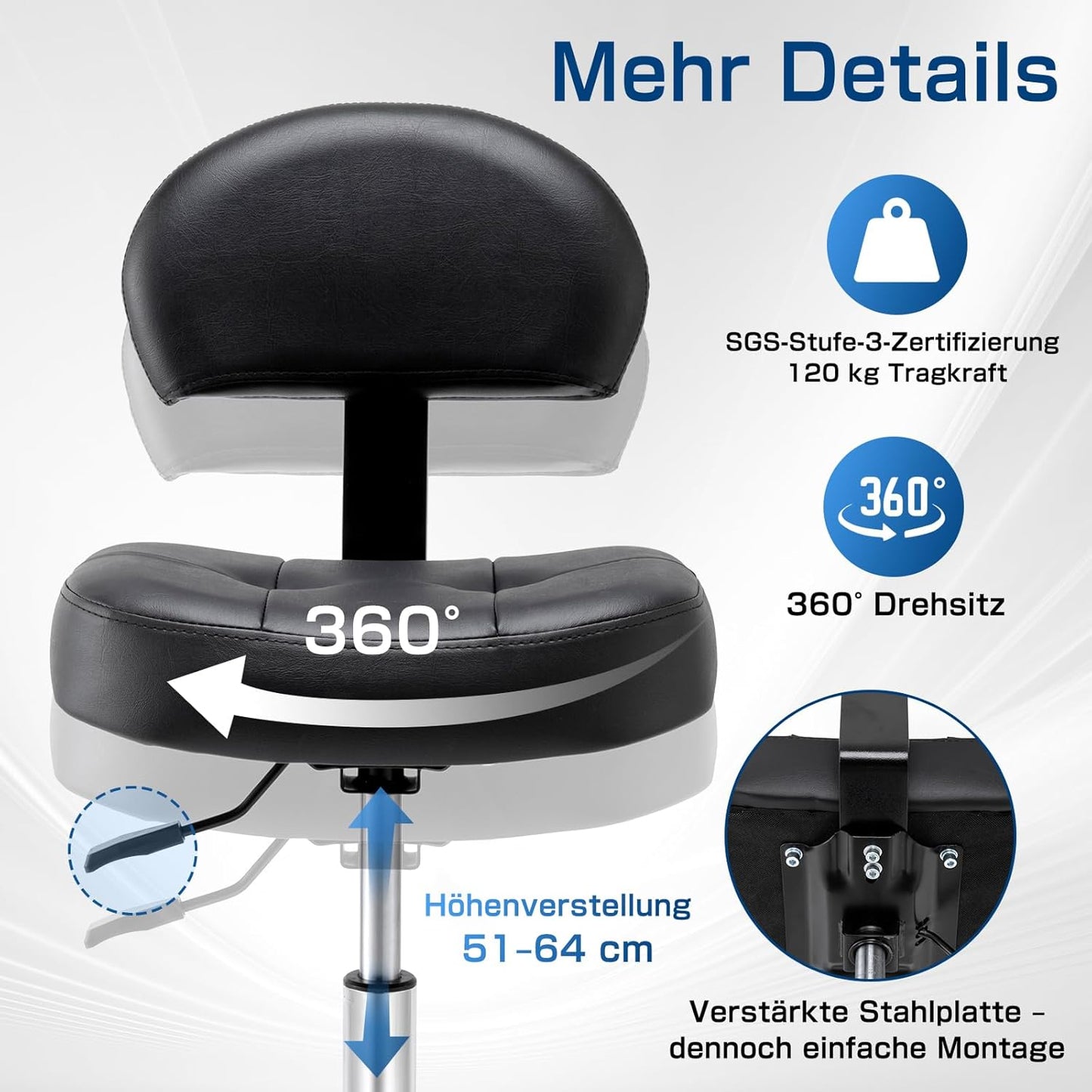 Rollhocker mit Lehne und Rollen, höhenverstellbar, Tinte