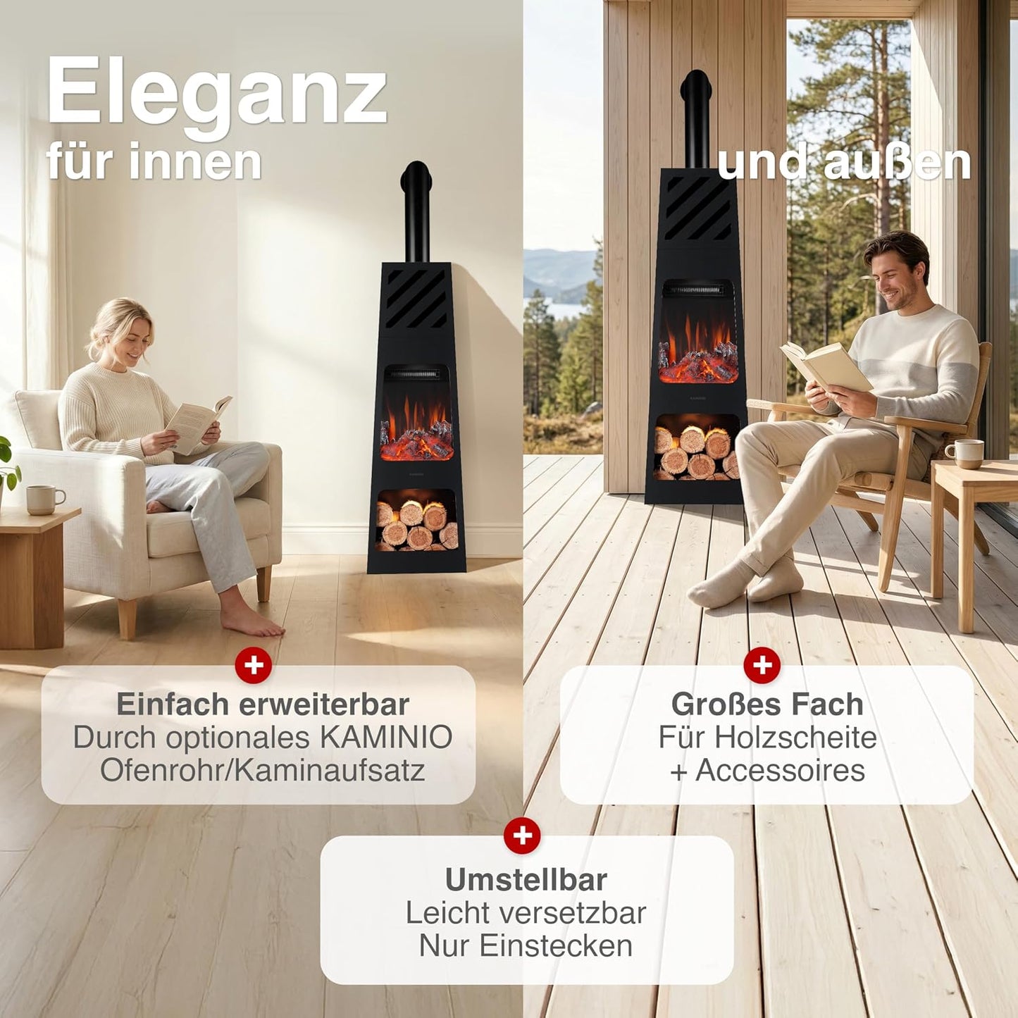 Elektrischer Gartenkamin Kai mit 3D-Flammeneffekt, X-Large mit Rohr