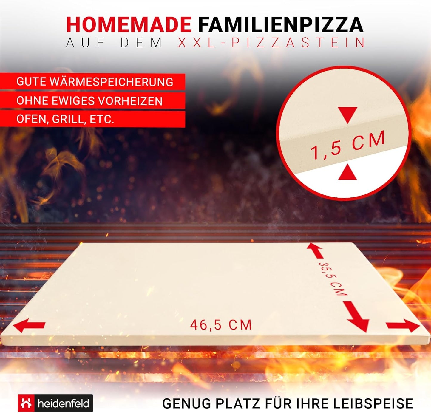 XXL Pizzastein für Backofen & Grill, 46.5 X 35.5 X 1.5 Cm