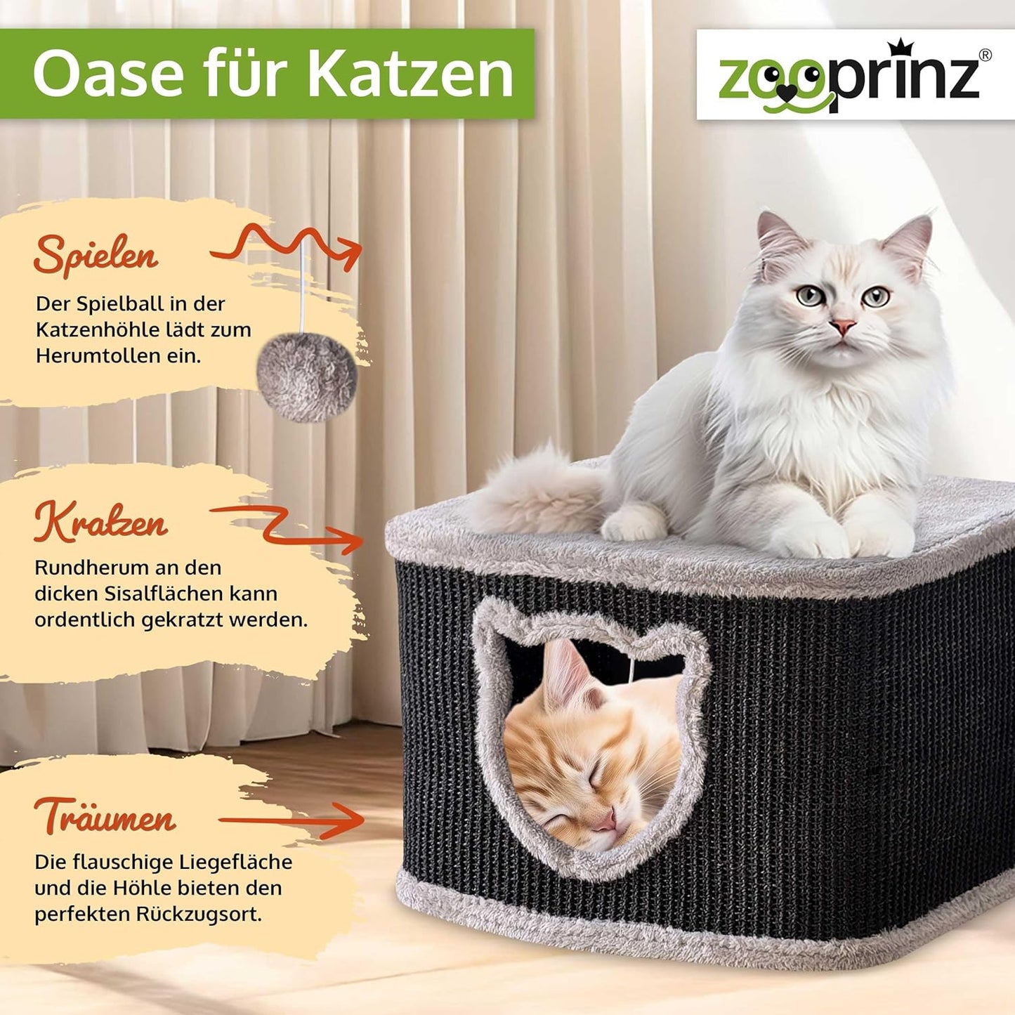 Premium Katzenhaus mit Sisalwänden und Plüsch, Schwarz