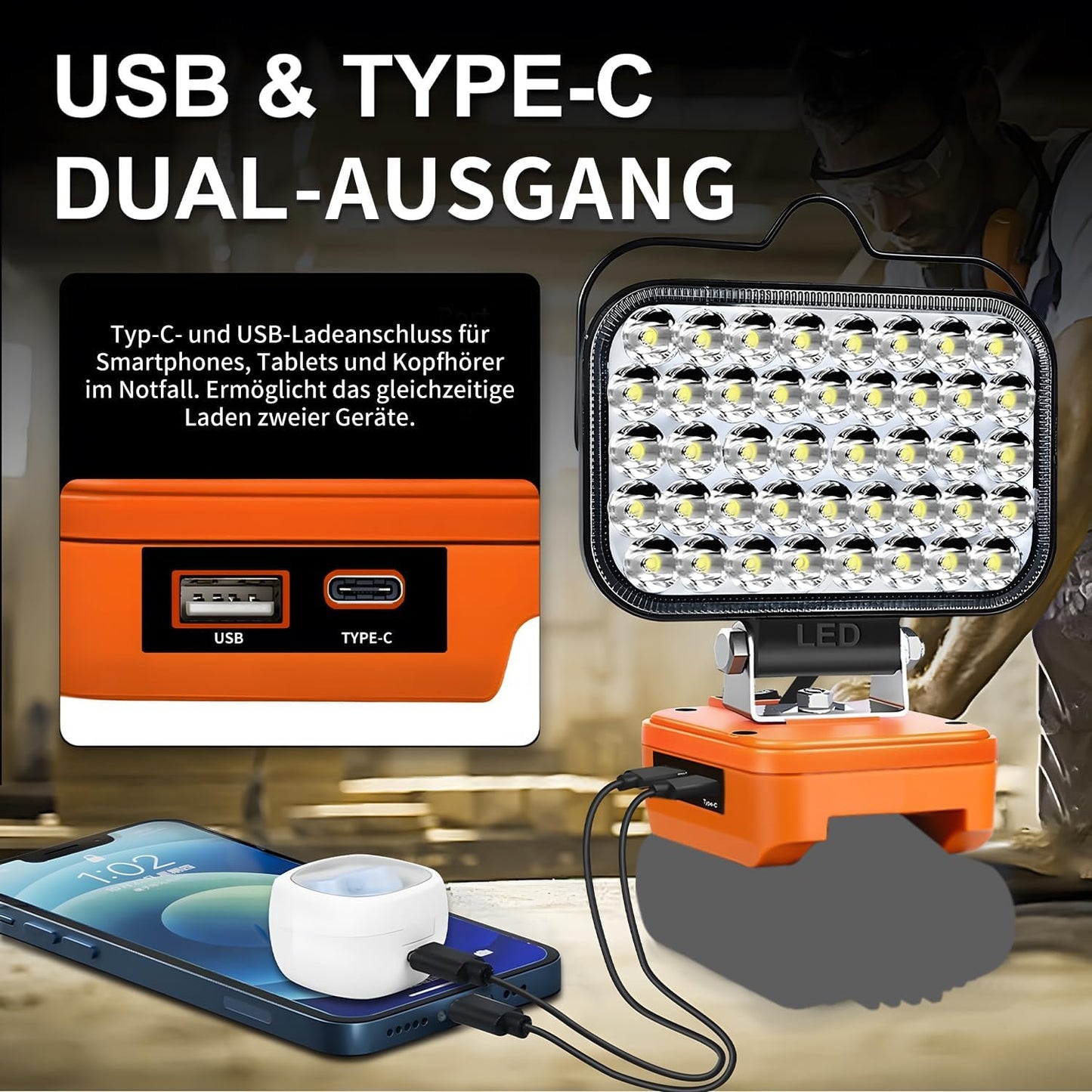 Tragbarer LED-Baustrahler, Orange