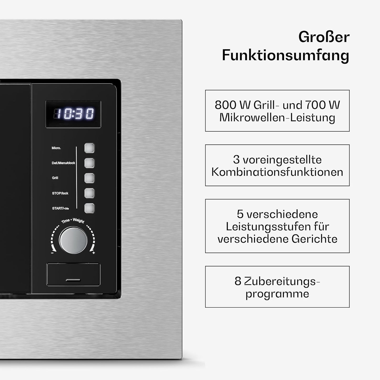 Einbaumikrowelle Verosteel mit Grill, 8 Programme, Auftaufunktion, 20L Edelstahl