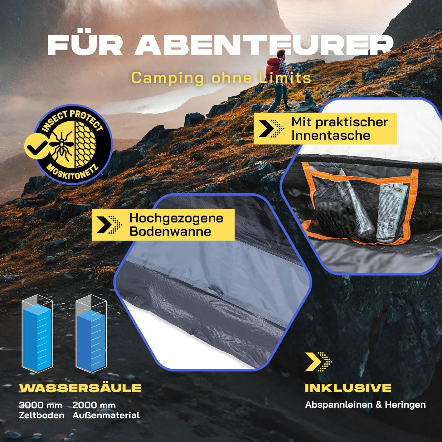 Pop-up-Wurfzelt, Grau Orange 2-3 Personen | 2 Eingang