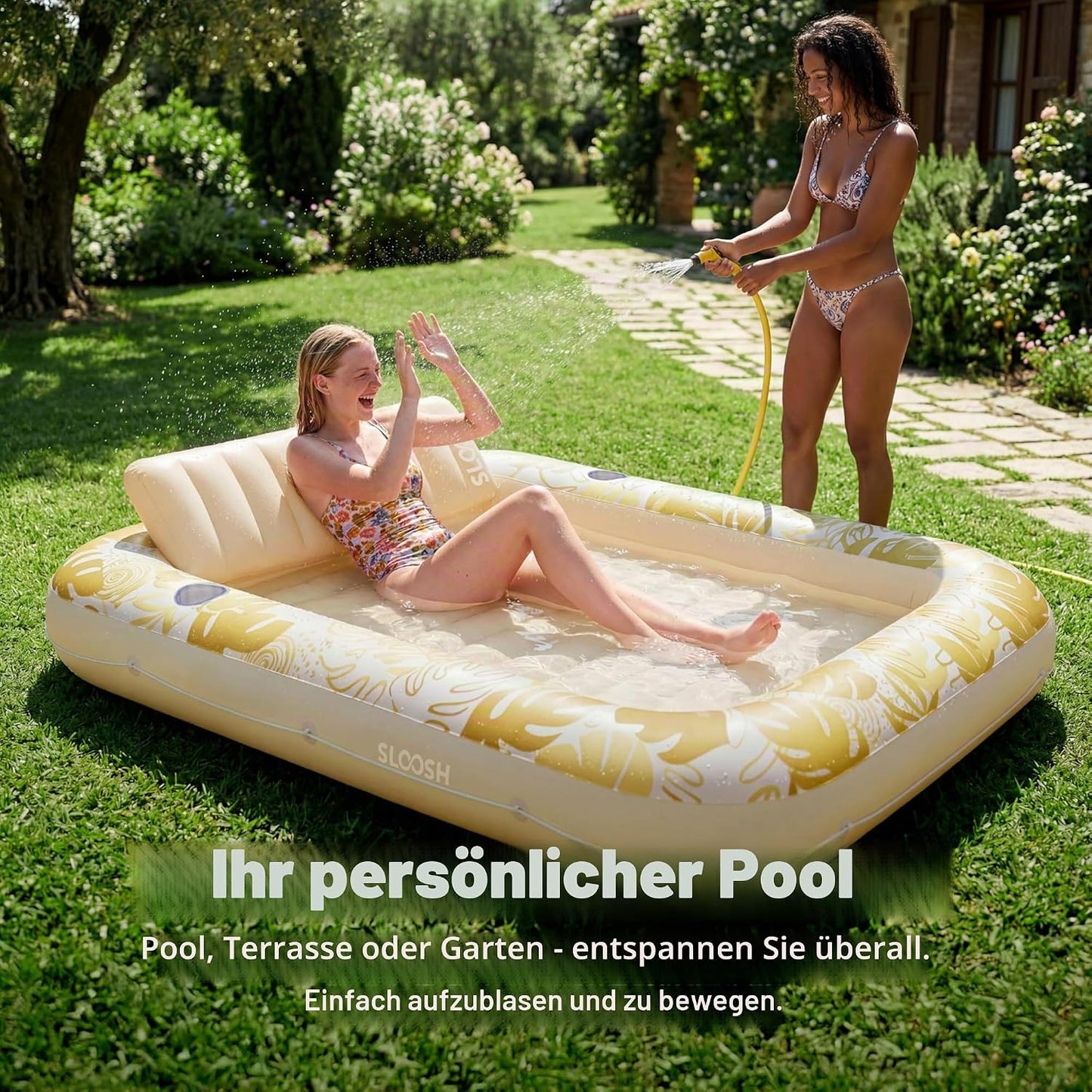 Aufblasbarer 4-in-1 Sonnenliegepool mit Kissen und Getränkehalter, Gold Weiss XL