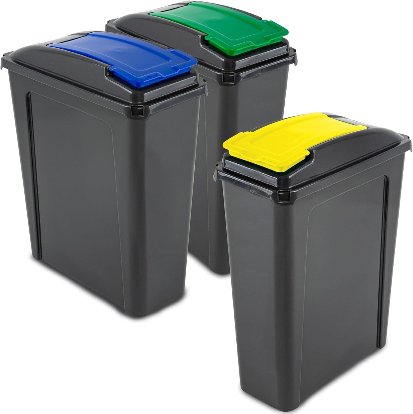 3x Mülleimer mit Deckeln und Griffmulden, Gelb-grün-blau 25 Liter
