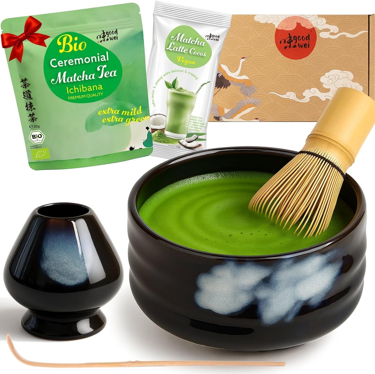 Matcha Teezeremonie-Set mit Schale und Besen, Burashi