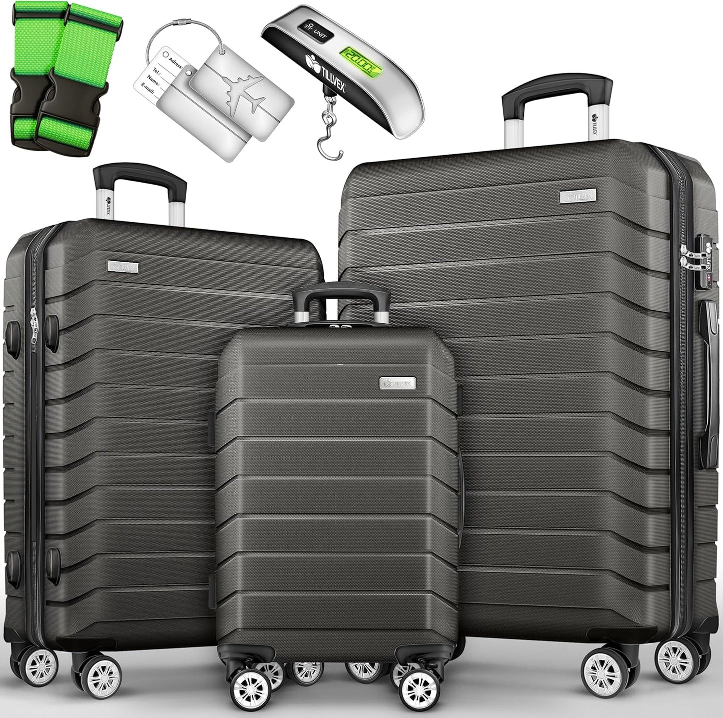 3-teiliges Hartschalenkoffer-Set mit TSA Schloss, Kofferwaage, Kofferanhänger & Koffergurten, Grau / Anthrazit Kofferset 3tlg