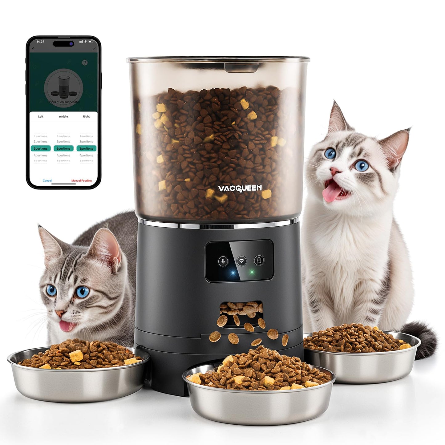 Futterautomat mit App, 3 Näpfen und Timer, Schwarz