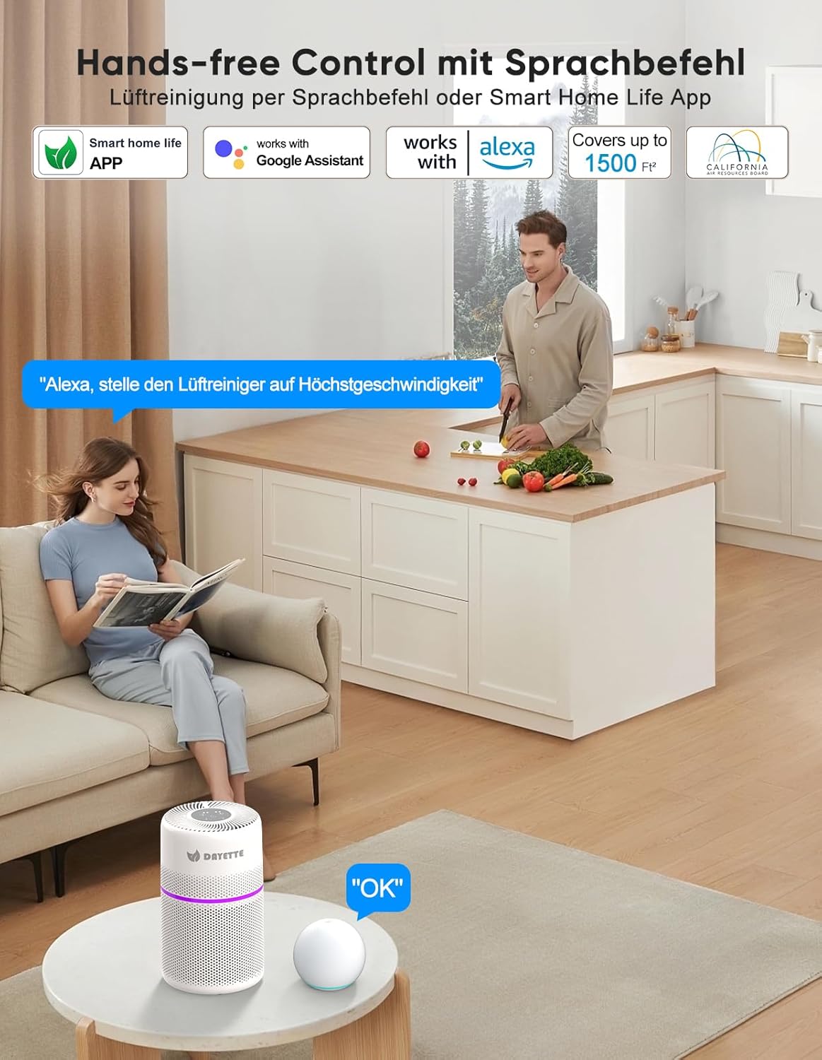 Wifi Luftreiniger mit HEPA 13 Filter, Weiß 90㎡ Wohnung