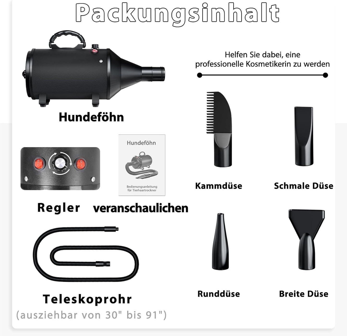 Hundeföhn mit einstellbarer Geschwindigkeit, Schwarz