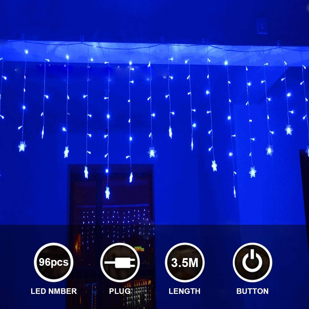 LED Lichterkette Schneeflockenvorhang mit 8 Modi & 96 LEDs, Blau