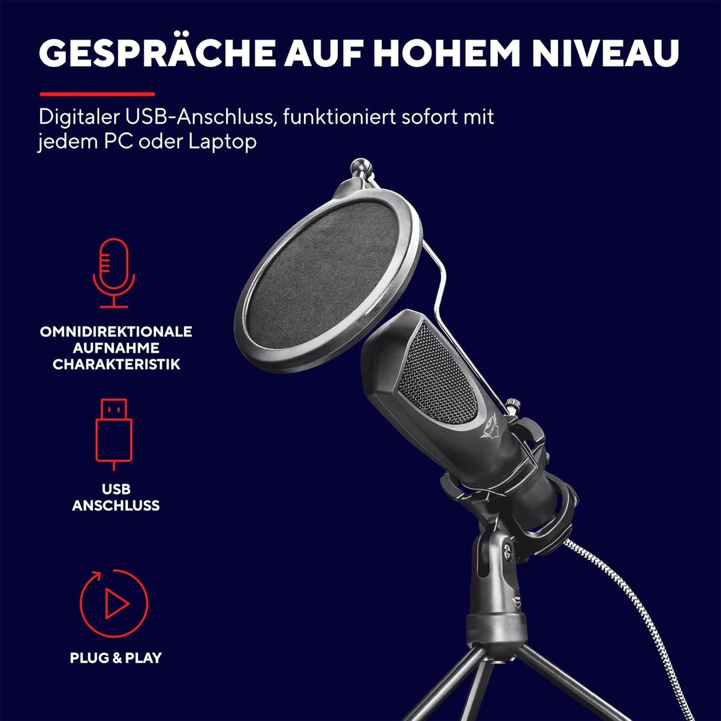 Mikrofon GXT 232 Mantis mit Popfilter und Stativ für Streaming