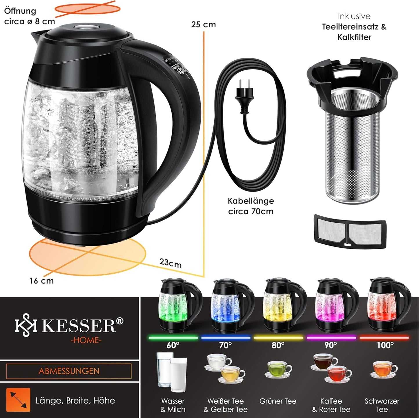 Wasserkocher mit LED & Teesieb, Schwarz/Schwarz
