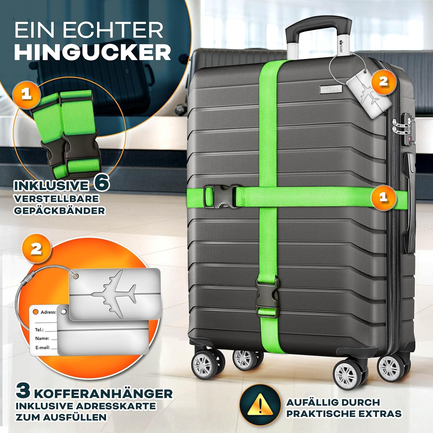 3-teiliges Hartschalenkoffer-Set mit TSA Schloss, Kofferwaage, Kofferanhänger & Koffergurten, Grau / Anthrazit Kofferset 3tlg