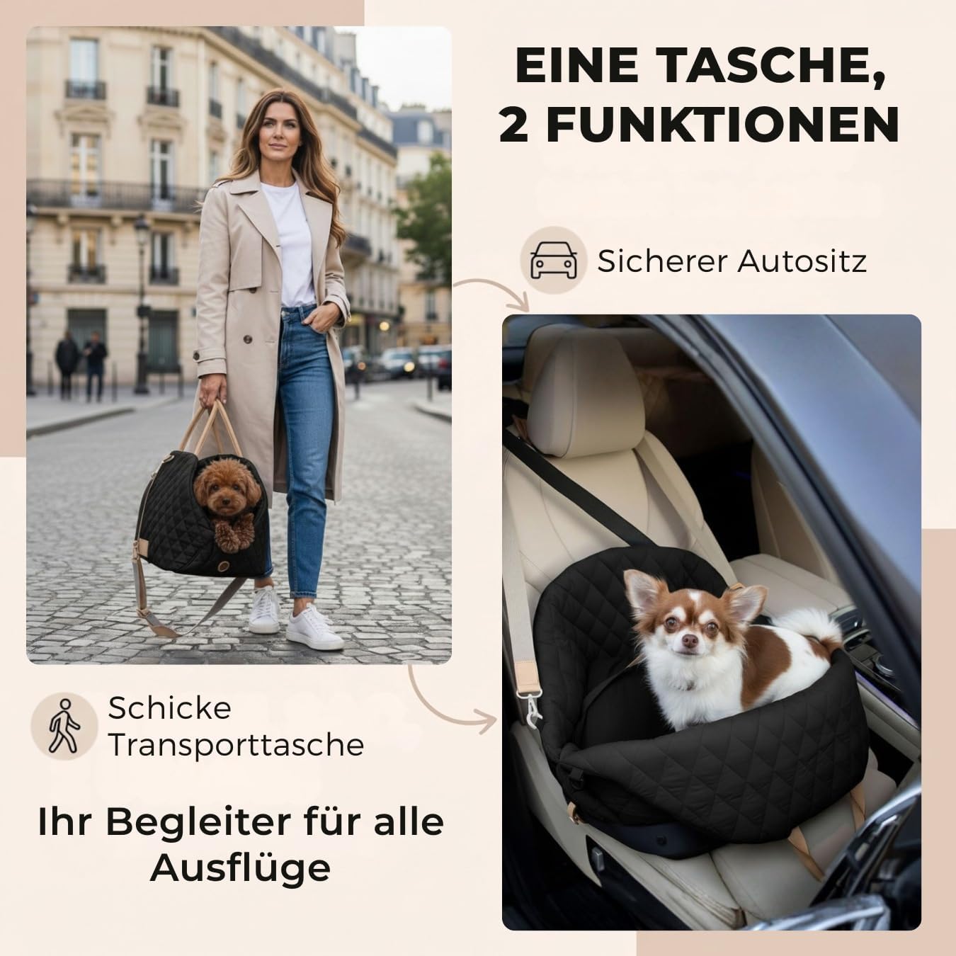 Hundetransporttasche fürs Auto mit Sicherheitsleine, Schwarz