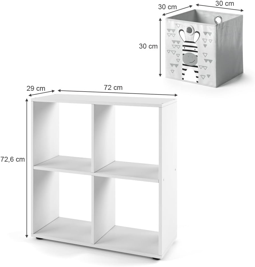 Kinderregal Tetra, Weiß 4 Fächer Faltboxen: grau, blau