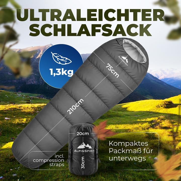 Ultraleichter 3-Jahreszeiten Mumienschlafsack, Grau