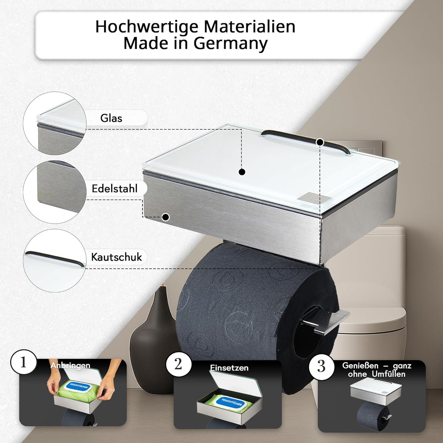 2-in-1 Toilettenpapier- und Feuchttuchhalter, Gehäuse Matt Glas Weiss Befüllbar Von Rechts
